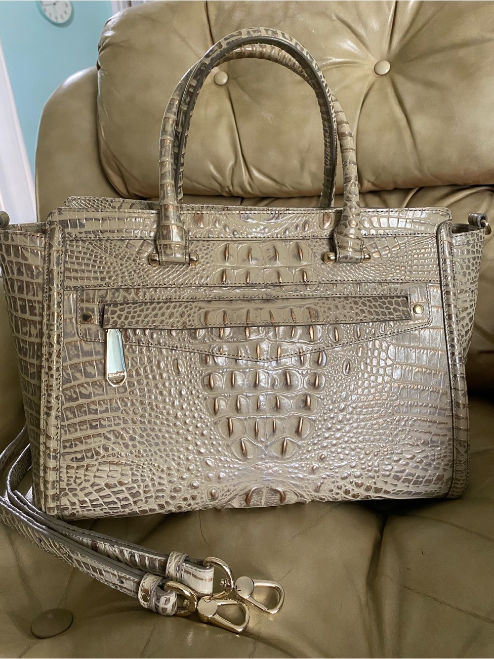 NWOT Brahmin Harper Birch Large Satchel Beige/Gold/Silver Melbourne